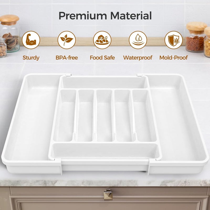 ukeetap Extra Large Expandable Silverware Organizer, BPA-Free Food-Safe Cutlery Flatware Organizer, Kitchen Utensil Drawer Organizer, Adjustable Silverware Holder for Spoons Forks Knives, White - Image 4
